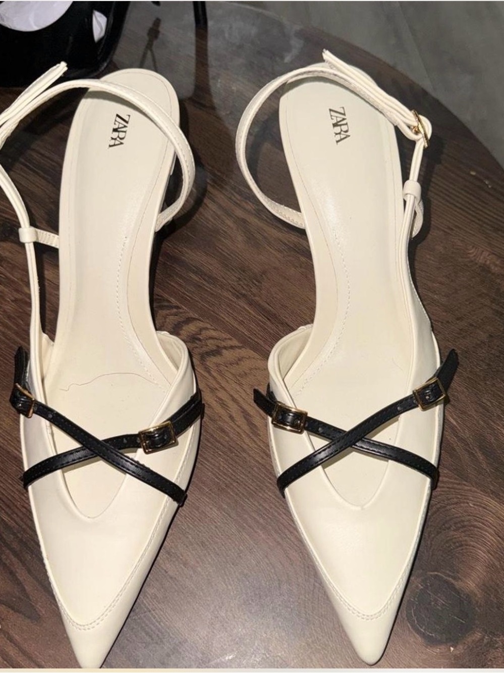 ZARA Cream Pointed Slingback Heels with Black Cross Straps